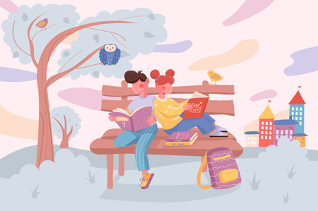 Education banner. Kids read books and do homework while sitting on bench at city park background. Pupils studying at school poster. Illustration for backdrop or placard in flat cartoon designの写真素材