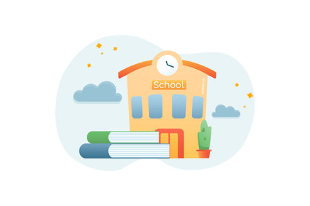 School Education gradient icons concept scene in the flat cartoon design. School and books that are needed for learning. Vector illustration.のイラスト素材