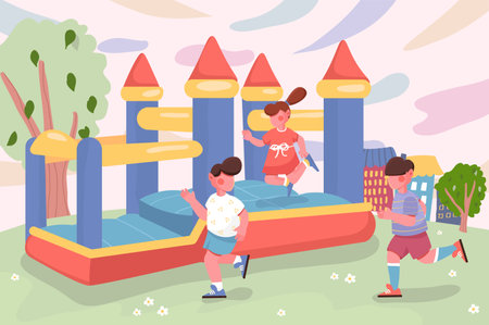 Kids playing at children playground in cityscape background. Girl jumping in bouncy castle, boys running on grass outdoors. Nature scenery at city park. Illustration in flat cartoon designの写真素材