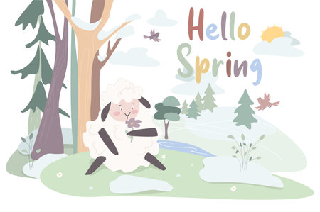 Crazy spring concept background. Cute animals greeting springtime. Happy rabbit jumping, sheep riding bear, boar riding swing, pets having fun in forest. Illustration in flat cartoon designの写真素材