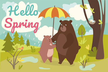 Hello spring concept background. Cute animals greeting springtime. Dad bear holds umbrella and bear cub hugs him. Family walking in forest in rainy weather. Illustration in flat cartoon designの写真素材