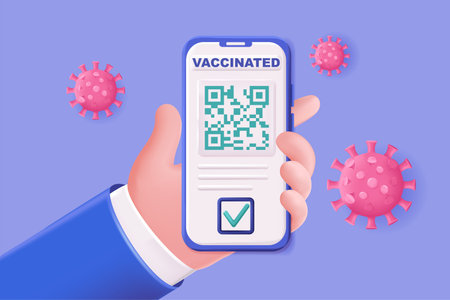 Vaccination certificate concept 3D illustration. Green certificate of full vaccination in form of qr...