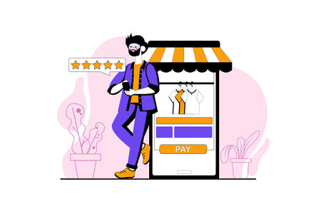 Satisfied customer purple concept with people scene in the flat cartoon design. Man gave the best review on the stores website. Vector illustration.のイラスト素材
