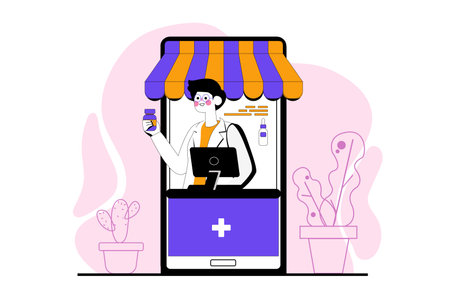 Internet pharmacy purple concept with people scene in the flat cartoon style. Pharmacy employee recommends different medications. Vector illustration.のイラスト素材