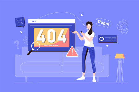404 error page not found web concept with people scene in flat blue design. Woman using computer and...