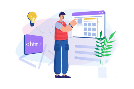 Web design concept with people scene. Man designer creates website layout, generates creative ideas, optimizes page, html programming. Illustration with character in flat design for web bannerのイラスト素材