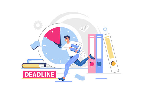 Deadline and work stress concept with people scene in flat design. Worried man runs and hurries to finish paperwork and tasks before countdown. Vector illustration with character situation for webのイラスト素材