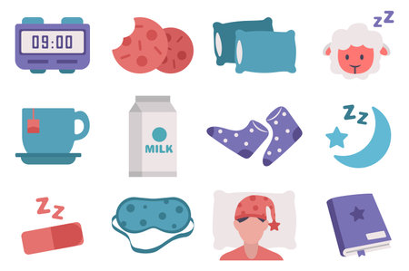 Sleep icons set concept with people scene in the flat cartoon design. Image of a sleeping person and all the things needed for a comfortable sleep. Vector illustration.のイラスト素材