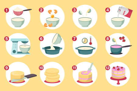 Step by step preparation cake set concept without people scene in the flat cartoon style. Instructions for step-by-step cake preparation. Vector illustration.のイラスト素材