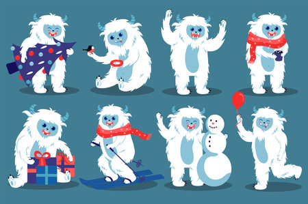 Cute Yeti set icons concept without people scene in the flat cartoon design. Yeti monster is playing winter games and preparing for Christmas. Vector illustration.のイラスト素材