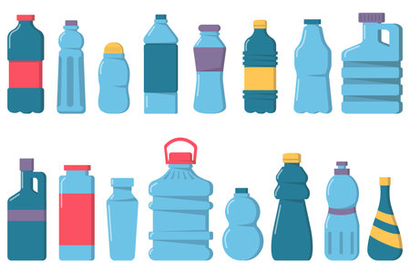 Water bottles set icons concept without people scene in the flat cartoon design. Image of plastic bottles of different shapes. Vector illustration.のイラスト素材