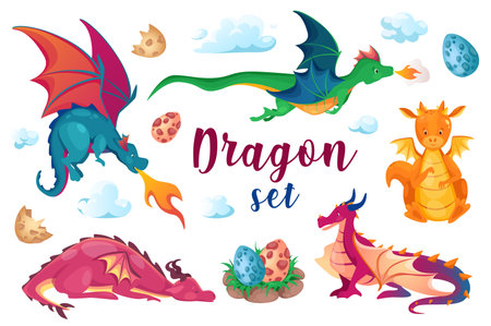 Dragons in cartoon style set isolated elements. Bundle of flying fairytale monsters with flame, fantasy dinosaurs with wings in cloud, magic creatures baby and eggs. Illustration in flat designの写真素材