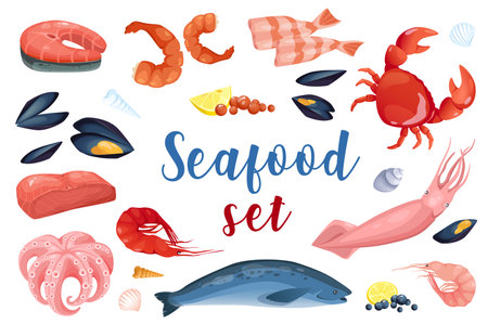 Seafood in cartoon style set isolated elements. Bundle of steak of salmon, shrimp, crab, squid, tuna, octopus, mussels and other healthy fresh fish and shellfishes. Illustration in flat designの写真素材