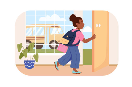 Children go to school bus concept with people scene in flat design. Teenager girl with backpack opens door and going to class by public transport. Vector illustration with character situation for webのイラスト素材