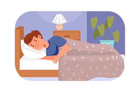 Good night children concept with people scene in flat design. Cute teenager boy lies in cozy bed under warm blanket and falls asleep in bedroom. Vector illustration with character situation for webのイラスト素材