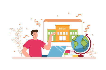 Back to school color concept with people scene in the flat cartoon design. Student returns to school after a long vacation. Vector illustration.のイラスト素材