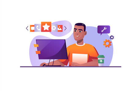 Purple concept App development with people scene in the flat cartoon design. Programmer develops new mobile applications in the office. Vector illustration.のイラスト素材