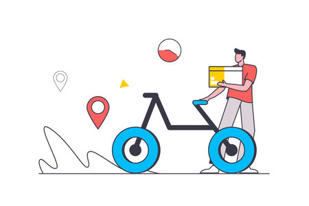 Delivery service flat line concept. Man works as courier and delivers parcels with orders and food boxes on bicycle to customers at home. Vector illustration with outline people scene for web designのイラスト素材