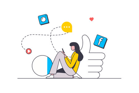 Social media flat line concept. Woman using mobile app for internet surfing, news browsing, chatting and likes posts and following blogs. Vector illustration with outline people scene for web designのイラスト素材