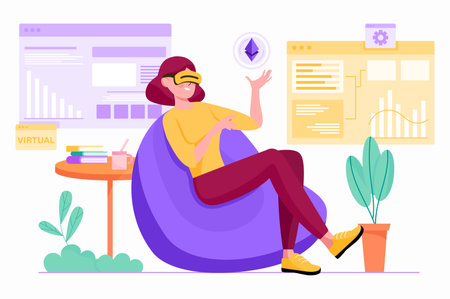 Virtual reality purple concept with people scene in the flat cartoon style. Girl got into virtual reality with help VR-glasses. Vector illustration.のイラスト素材