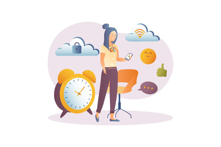 Social media concept with people scene in the flat cartoon design. Girl checks social networks to keep up with all the news. Vector illustration.のイラスト素材