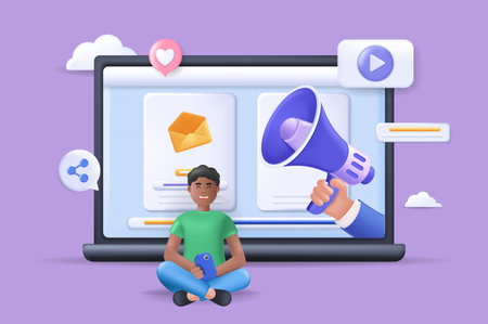 Digital marketing concept 3D illustration. Icon composition with megaphone with advertising announcement, promo mailing, promotion strategy in social media. Vector illustration for modern web designのイラスト素材
