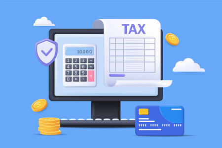 Online tax concept 3D illustration. Icon composition with digital invoice form, credit card payment on computer screen, calculator and auditing reports. Vector illustration for modern web designのイラスト素材