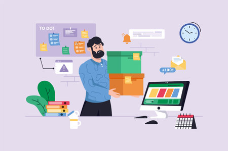Deadline violet background concept with people scene in the flat cartoon style. Man is trying to complete many tasks before the deadline. Vector illustration.のイラスト素材