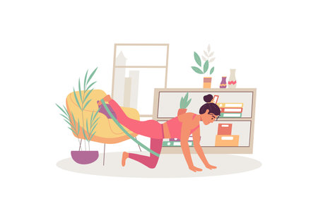 Fitness at home concept with people scene in the flat cartoon style. Girl does fitness at home to keep her body in good condition. Vector illustration.のイラスト素材