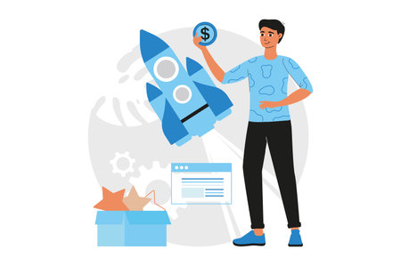 Blue concept business startup with people scene in the flat cartoon design. Man counts the money he received from his first startup. Vector illustration.のイラスト素材
