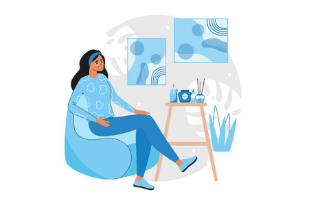 Spa salon blue concept with people scene in the flat cartoon design. Girl came to the spa to relax and enjoy herself. Vector illustration.のイラスト素材