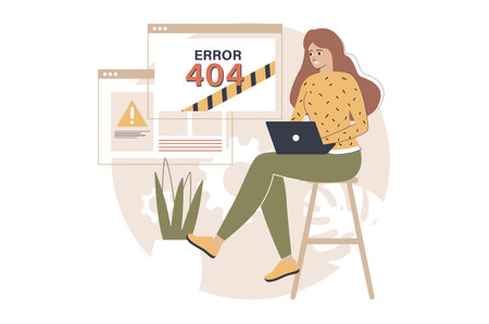Yellow and brown concept 404 not found with people scene in the flat cartoon design. Programmer faces an error in the settings of the laptop. Vector illustration.のイラスト素材