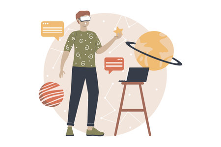 Metaverse yellow and brown concept with people scene in the flat cartoon style. Man explore cosmic elements in virtual space, which he entered with the help of a laptop. Vector illustration.のイラスト素材