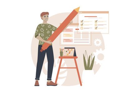 Planning yellow and brown concept with people scene in the flat cartoon design. Man ticks the tasks from his list that he has already completed. Vector illustration.のイラスト素材