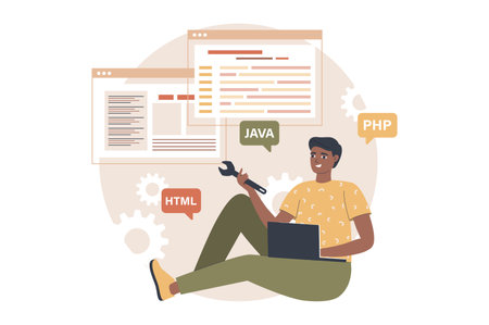 Yellow and brown concept programing software with people scene in the flat cartoon style. Software specialist configures computer functions using JAVA, HTML and PHP. Vector illustration.のイラスト素材