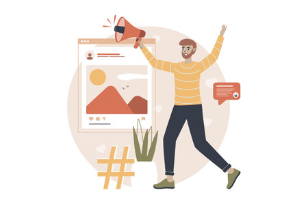 Social marketing yellow and brown concept with people scene in the flat cartoon style. Marketer makes posts in social networks that are aimed at the needs of society. Vector illustration.のイラスト素材