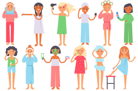Beauty procedures set concept with people scene in the flat cartoon style. Girls do beauty procedures to keep their bodies in good shape. Vector illustration.のイラスト素材