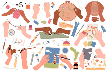 Human hands create handmade crafts set icons concept without people scene in the flat cartoon style. People make different things with their hands. Vector illustration.のイラスト素材