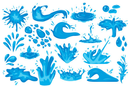 Water splashes set icons concept without people scene in the flat cartoon style. Image of water splashes on a white background. Vector illustration.のイラスト素材