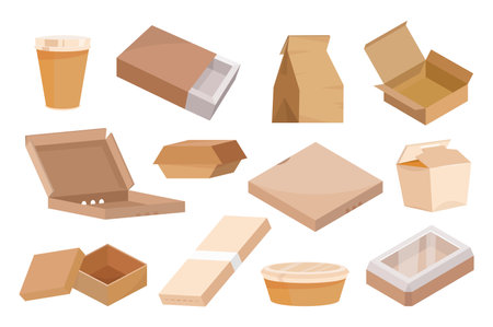 Carton boxes for fast food vector illustrations set icons concept without people scene in the cartoon design. Image of cardboard boxes for various foods which can be recycled. Vector illustration.のイラスト素材