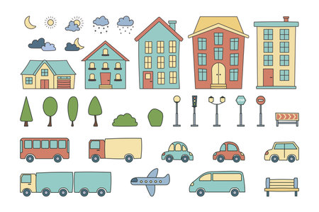 Elements for the creation of a city, hand drawn concept without people scene in the flat cartoon design. Image of elements of big cities. Vector illustration.のイラスト素材