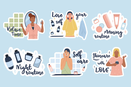 Sticker design set with woman skincare element concept with people scene in the flat cartoon style. Stickers with instructions for skin care for women. Vector illustration.のイラスト素材