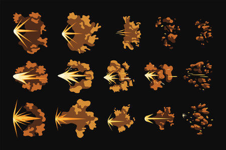 Gun flashes or gunshot animation cartoon flash concept without people scene in the flat cartoon design. An image of the stages of flash fading after a shot. Vector illustration.のイラスト素材