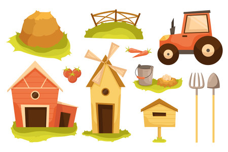 Farm or countryside elements set concept without people scene in the flat cartoon design. Images of farm machinery and equipment. Vector illustration.のイラスト素材