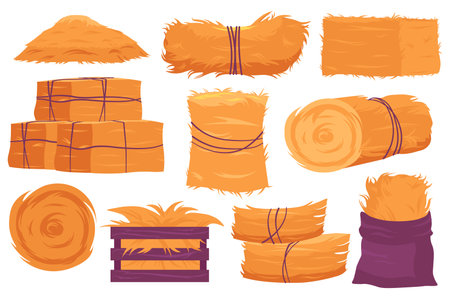 Hay stacks icon set concept in the flat cartoon design. Image of stack of hay, which are stored in different ways. Vector illustration.のイラスト素材