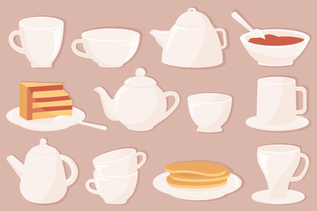 Tea Party And Dessert set icons concept in the flat cartoon design. Image of beautiful tableware for tea and desserts. Vector illustration.のイラスト素材