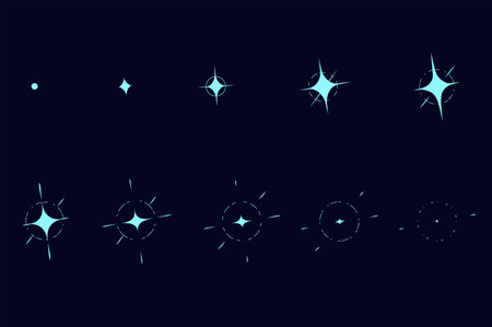 Animated shine concept in the flat cartoon design on a dark background. Images of starlight of different intensities. Vector illustration.のイラスト素材