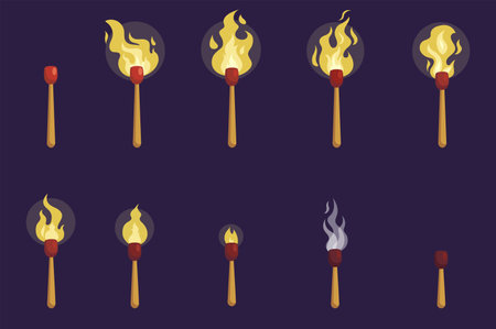 Animation frames concept in the flat cartoon style on a dark background. Image of a burning match from the moment of ignition to extinction. Vector illustration.のイラスト素材