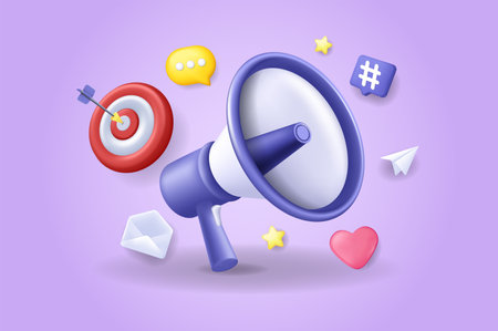 Advertising concept 3D illustration. Icon composition with megaphone announcement, target and other. Business communication with clients and online promo. Vector illustration for modern web designのイラスト素材
