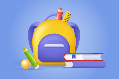 Back to school concept 3D illustration. Icon composition with pupil backpack, books, pen and pencil, and other stationery. Study in school or university. Vector illustration for modern web designのイラスト素材